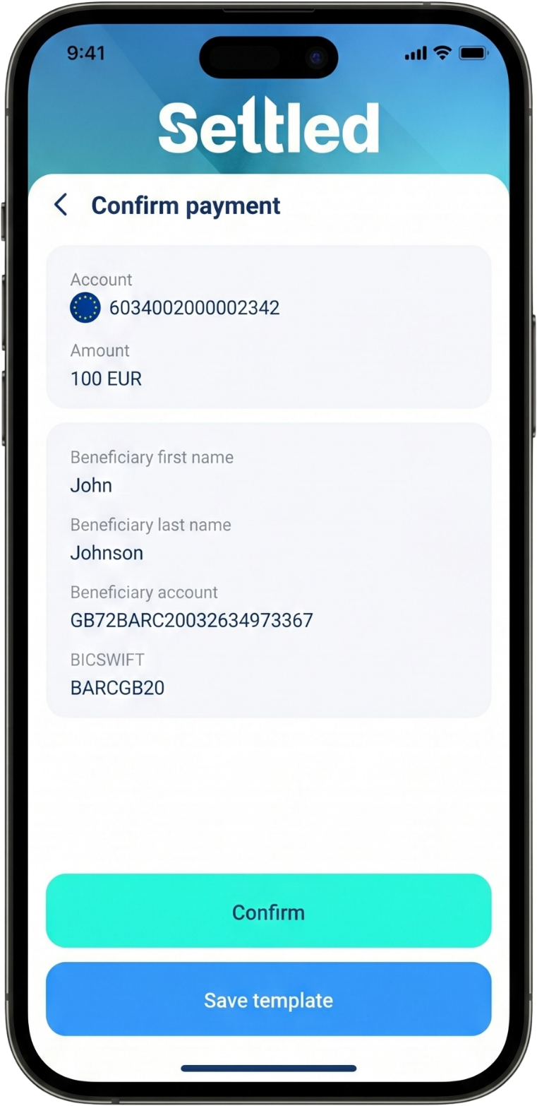 Confirming a SEPA payment in the Settled app
